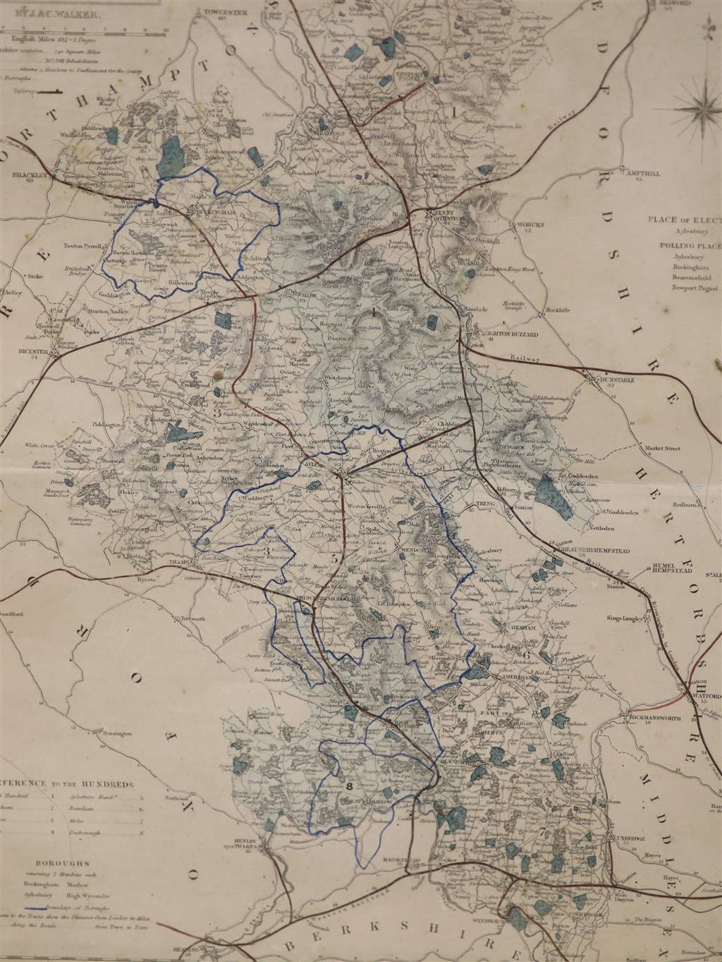 Robert Mordan, two coloured engravings, Maps of Sussex and Midlesex, together with two later engravings of Buckinghamshire and France,